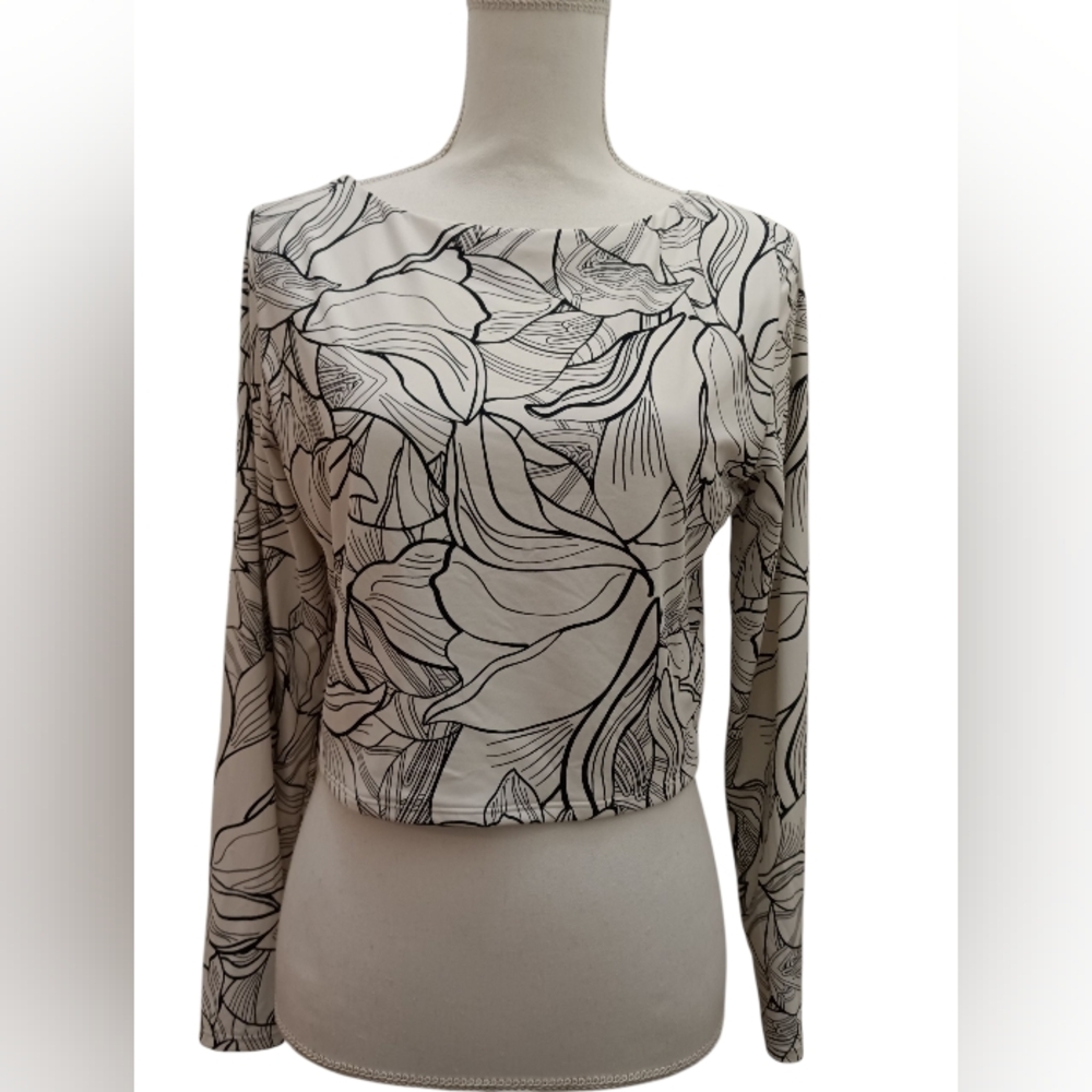 Calia Women's swim cropped rash guard black and white floral Large